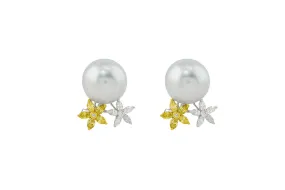 18k White Gold 16.7-17mm South Sea Pearl Yellow Diamond Earrings