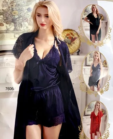 3 Pcs Sexy Slik Short Nighty With Gown - 7606