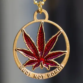 Buds Not Bombs Panama Red Enamel Leaf Necklace on Polished Brass Ball Chain