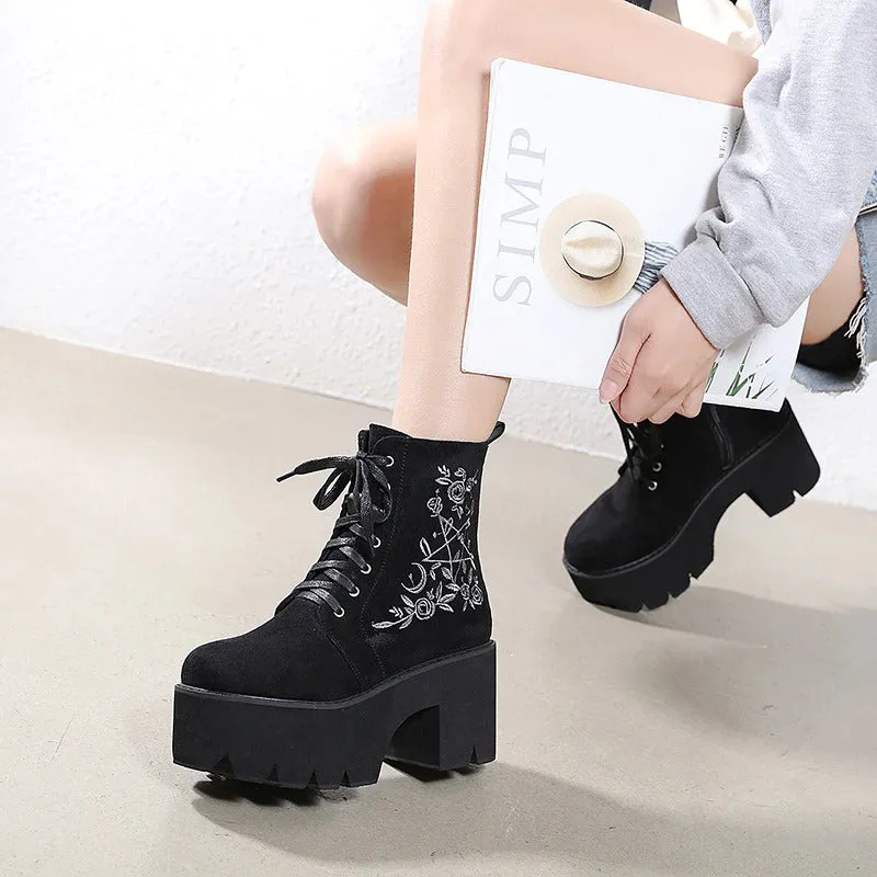 Floral Gothic Punk Suede Chunky Platform Ankle Boots