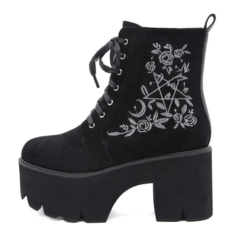 Floral Gothic Punk Suede Chunky Platform Ankle Boots