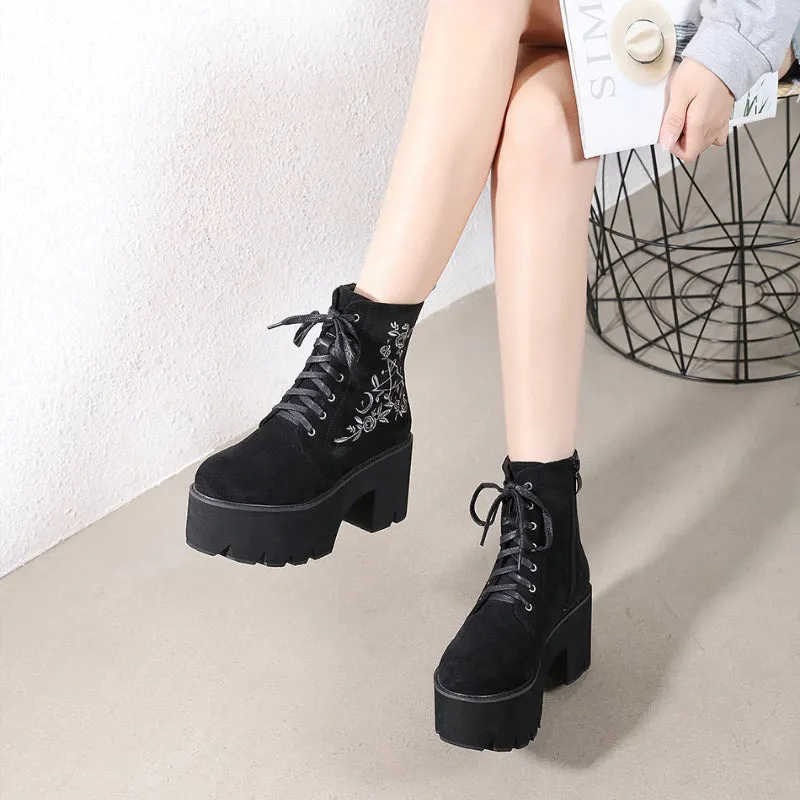 Floral Gothic Punk Suede Chunky Platform Ankle Boots