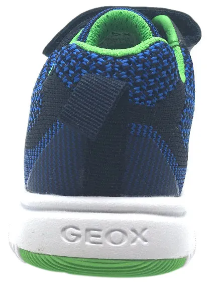 Geox Boy's Xunday Navy Blue Green Lightweight Textile Hook and Loop Strap Elastic Lace Sporty Low Top Breathable Sneaker