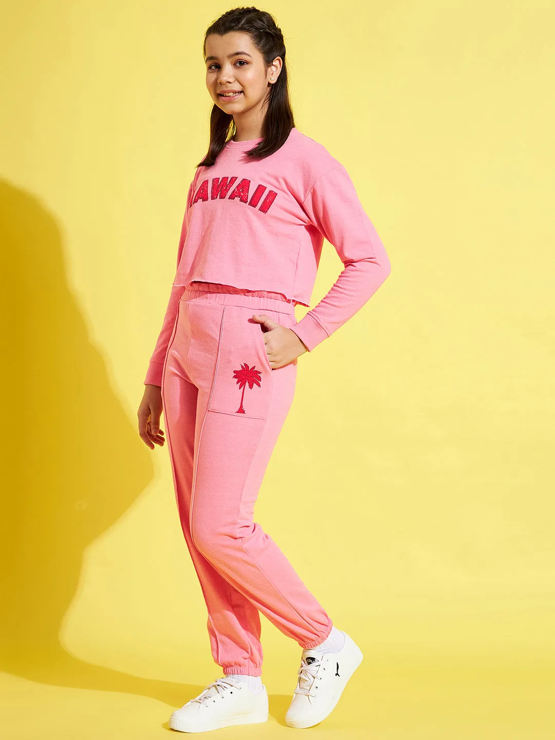 Girls Pink HAWAII Sweatshirt With Paper Bag Joggers