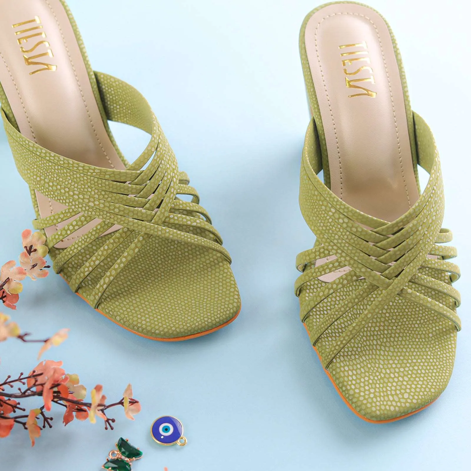 Green Strappy Block Heels | Tiesta Shoes