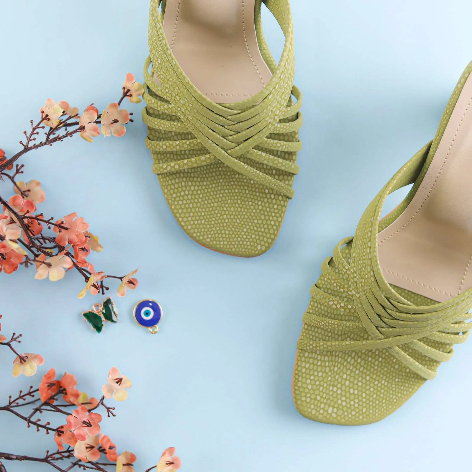 Green Strappy Block Heels | Tiesta Shoes