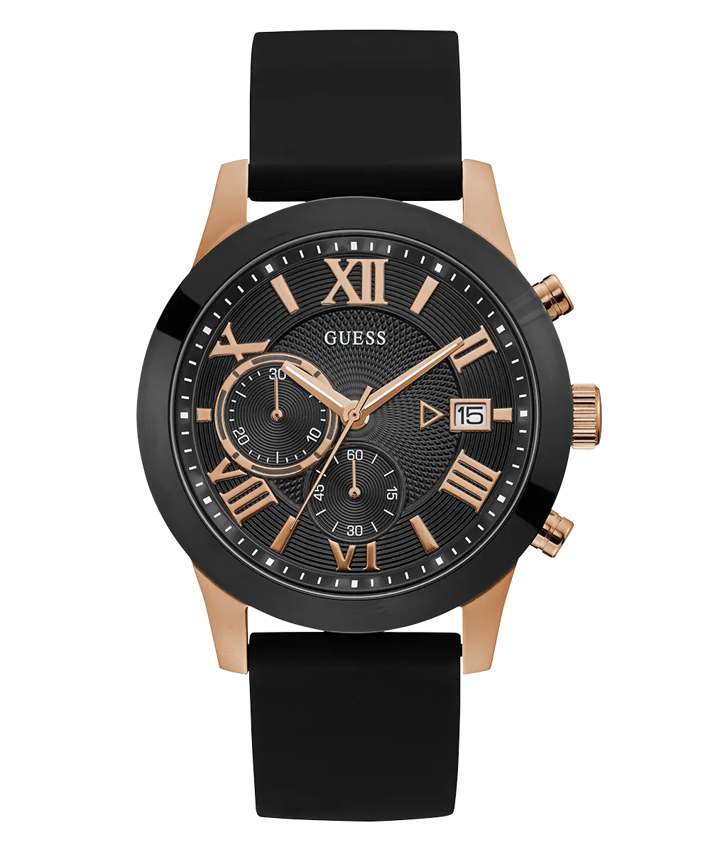 GUESS Mens Black Rose Gold Tone Chronograph Watch