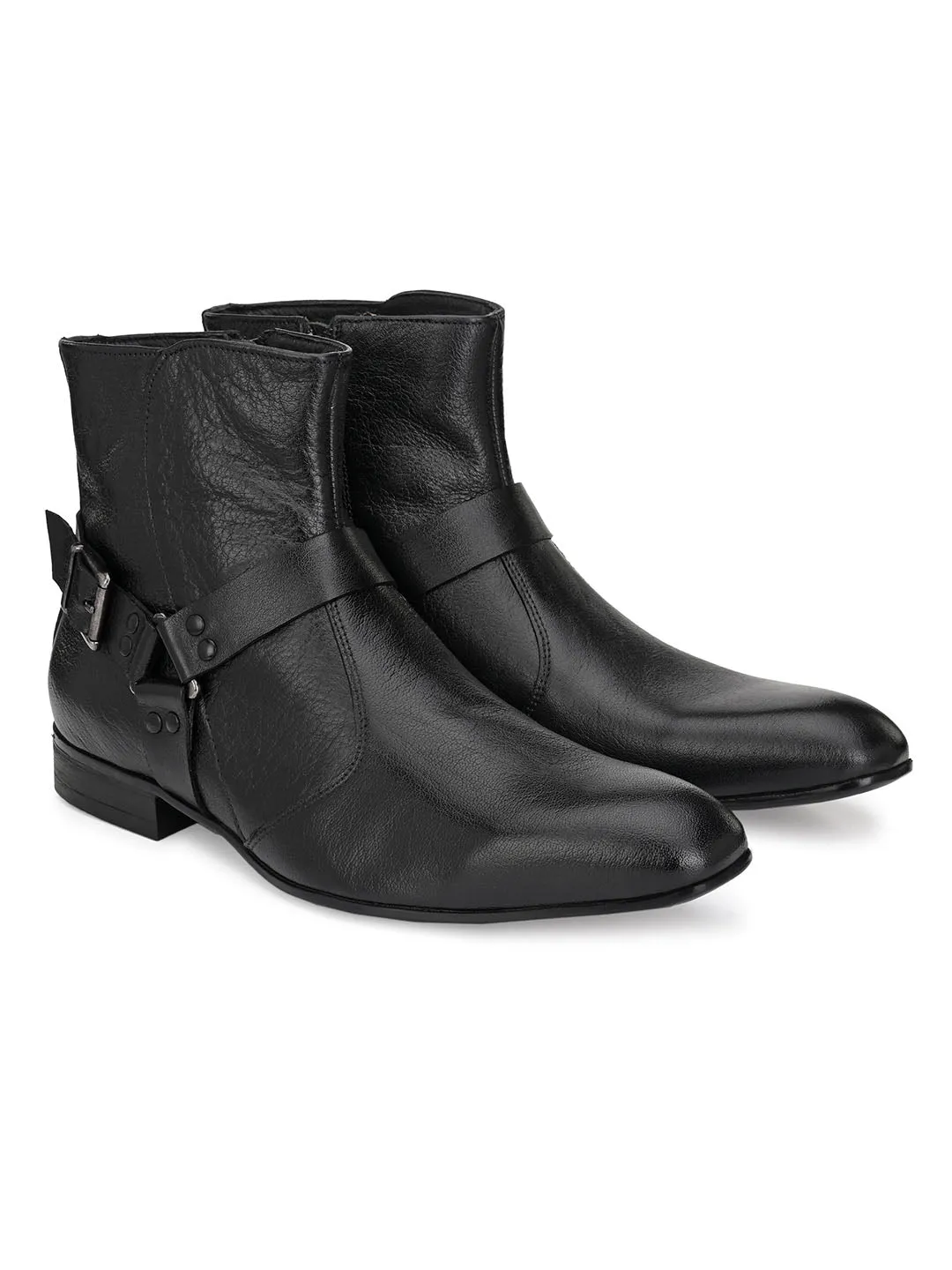 Hitz Men's Black Leather Ankle Boot Shoes with Zip Closure