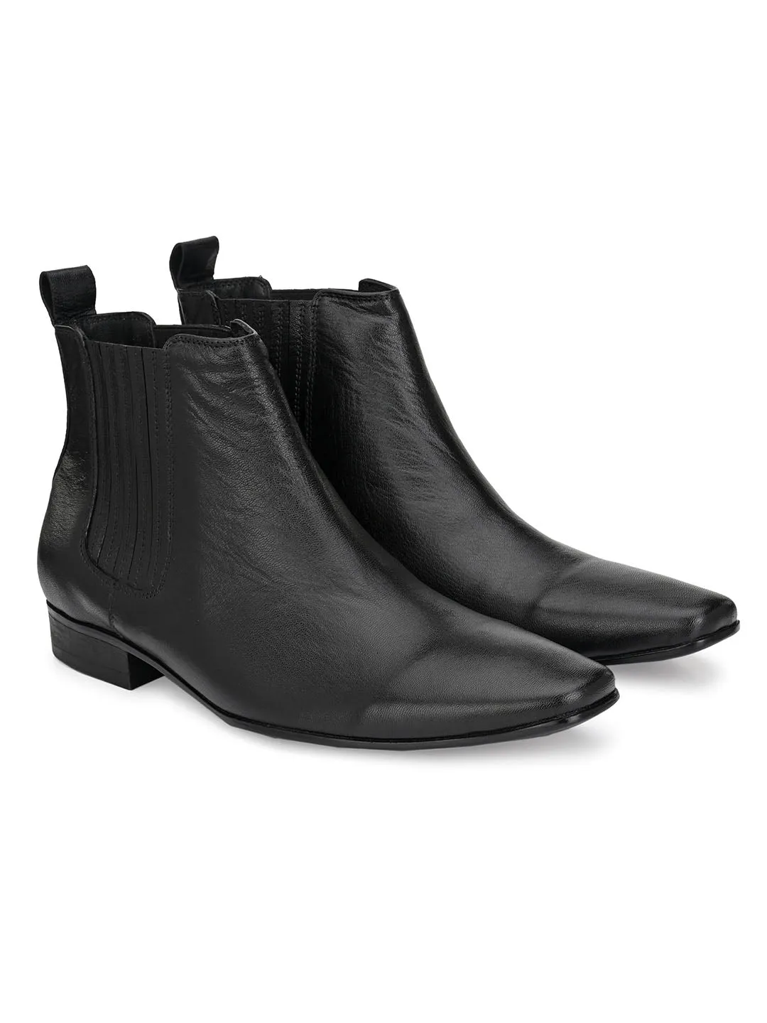 Hitz Men's Black Leather Slip-On Ankle Boot Shoes