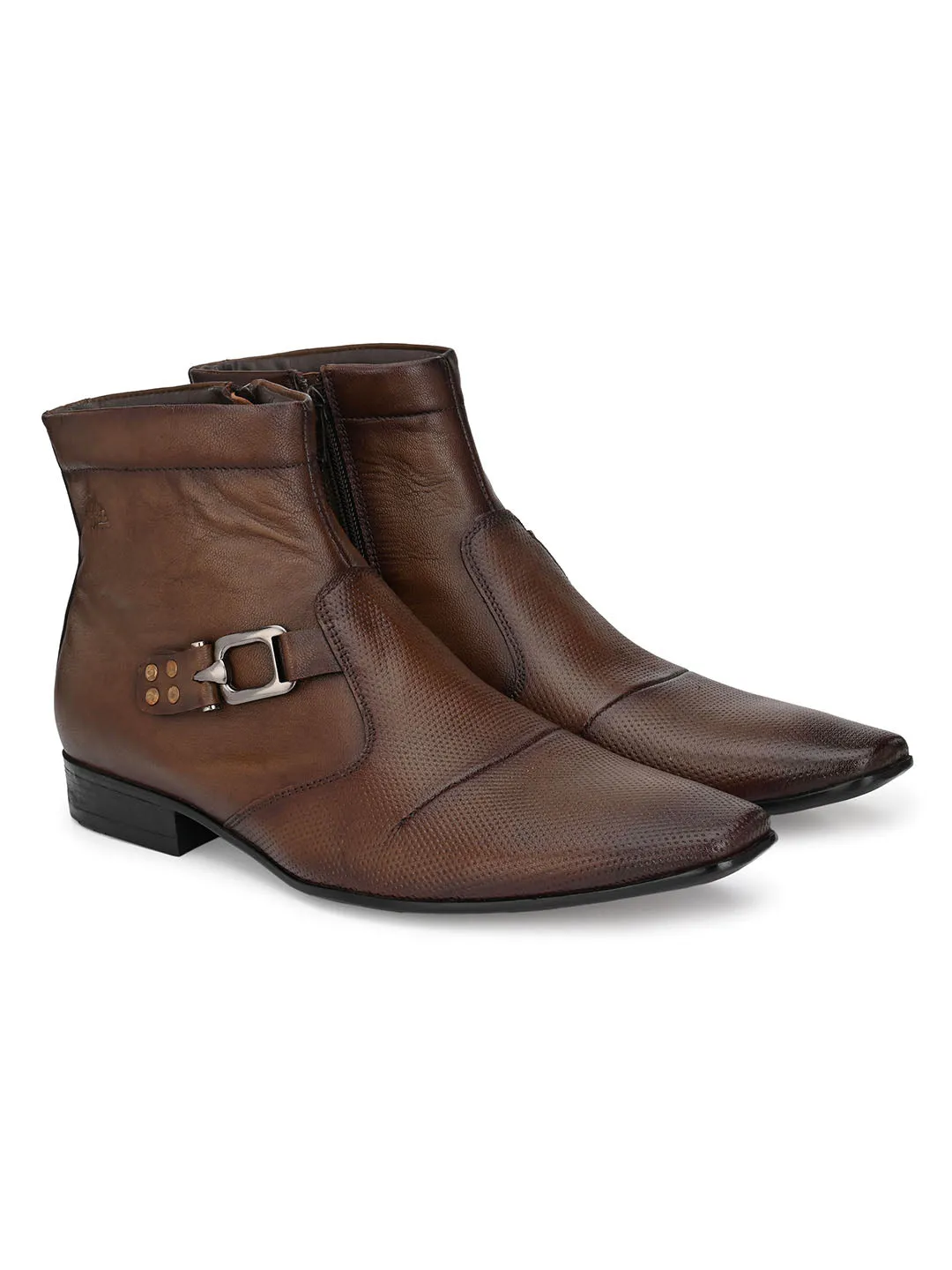 Hitz Men's Brown Leather Ankle Boot Shoes with Zip Closure