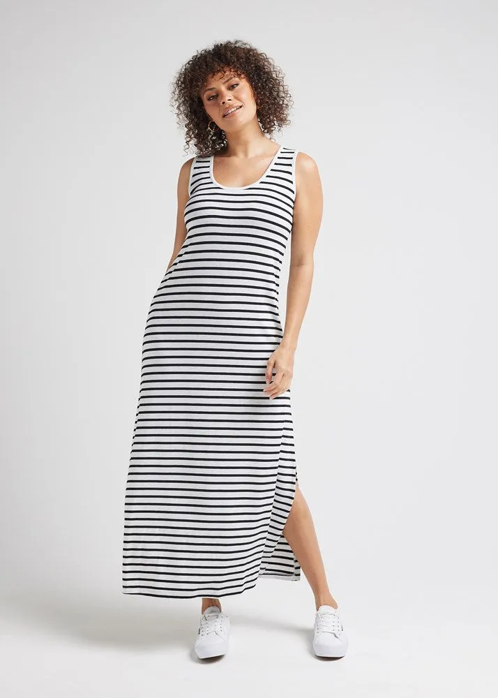 Janet Sleeveless Bamboo Maxi Dress - Grey Marle & Black Stripe