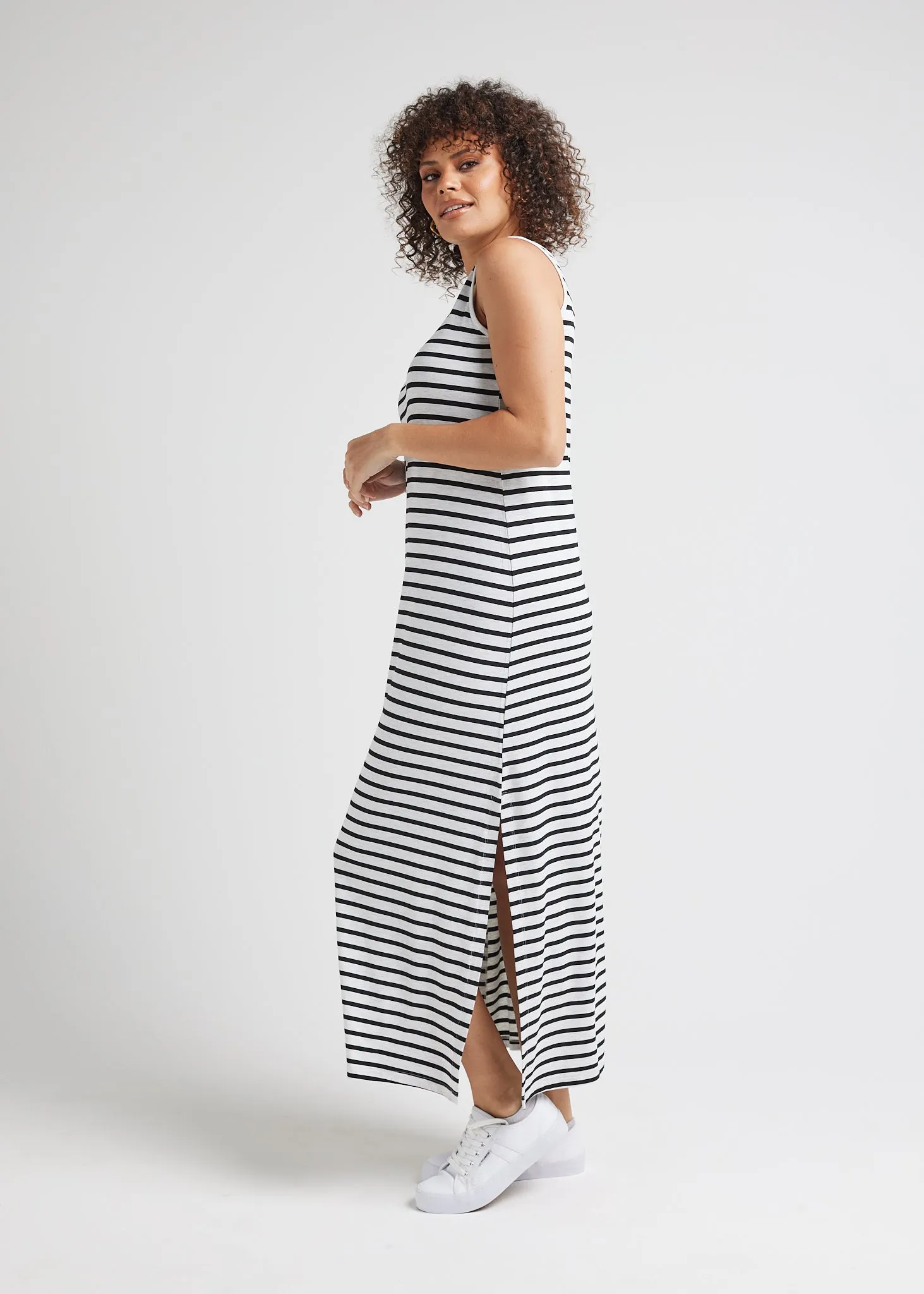 Janet Sleeveless Bamboo Maxi Dress - Grey Marle & Black Stripe