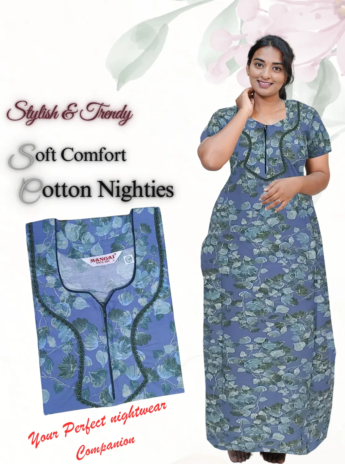 MANGAI New Regular Fit Cotton Printed Nighties - All Over Printed Stylish Nightwear for Stylish Women | Side Cut Pocket | Beautiful Nighties for Stylish Women's | Colorful Printed Cotton Nighties (CTCC)