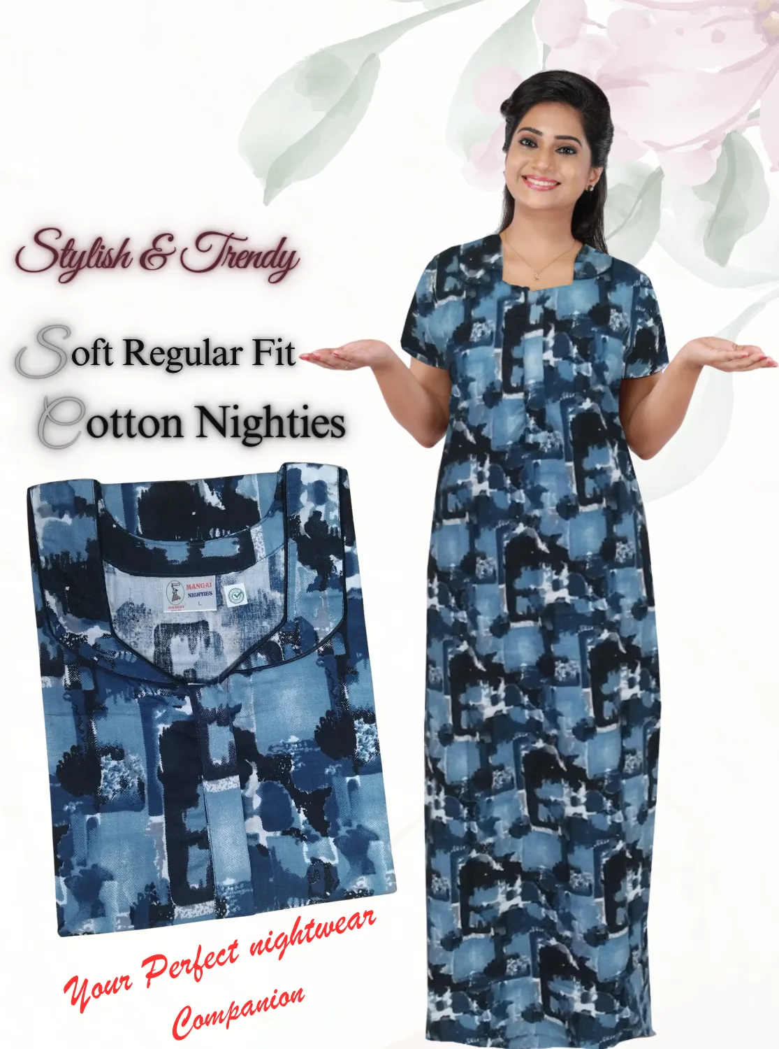 MANGAI New Regular Fit Cotton Printed  Nighties - All Over Printed Stylish Nightwear for Stylish Women | Side Cut Pocket | Beautiful Nighties for Stylish Women's (NL)