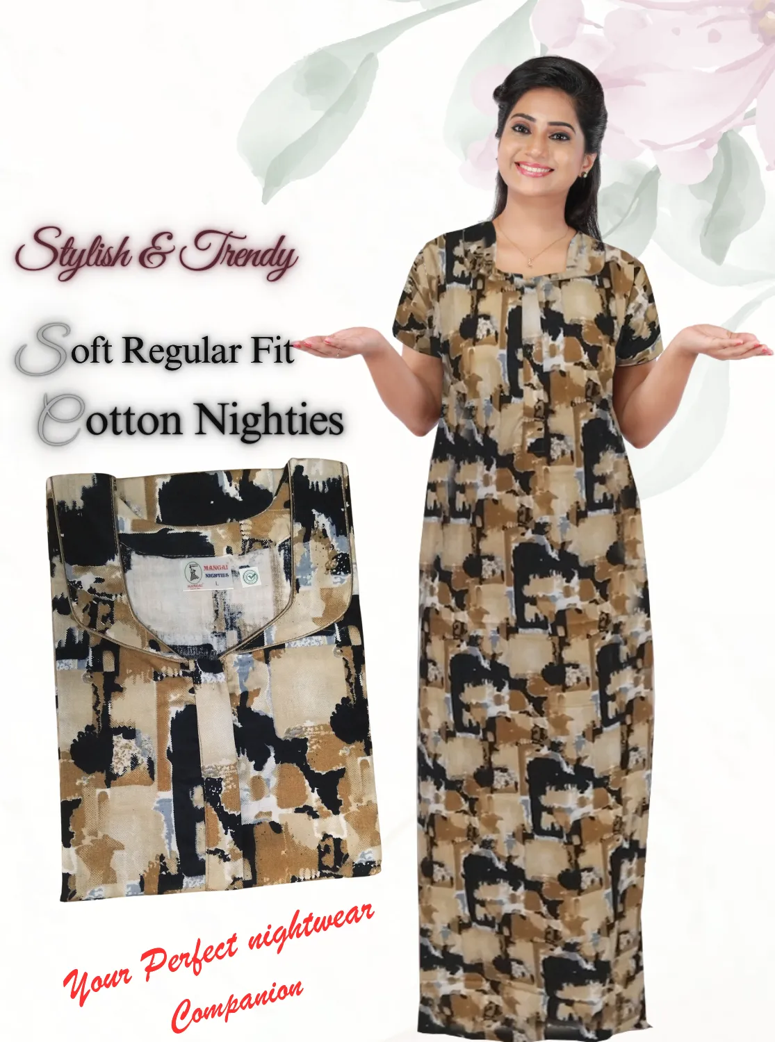 MANGAI New Regular Fit Cotton Printed  Nighties - All Over Printed Stylish Nightwear for Stylish Women | Side Cut Pocket | Beautiful Nighties for Stylish Women's (NL)