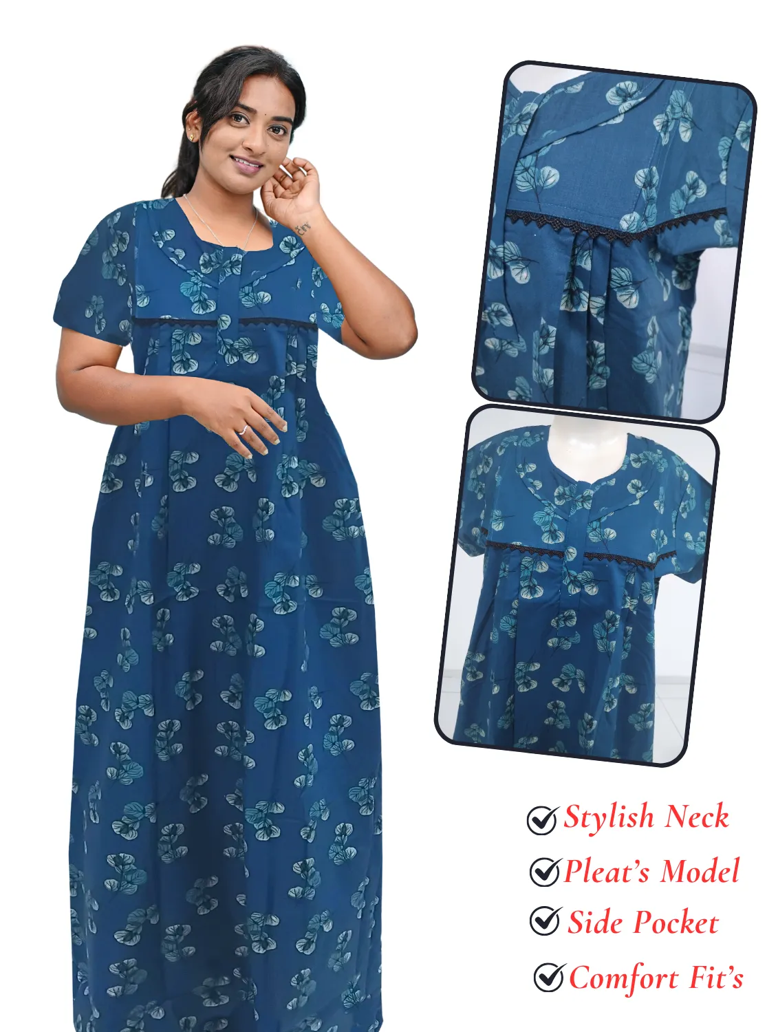 MANGAI New Regular Fit Cotton Printed Pleated Nighties - All Over Printed Stylish Nighties  | Side Cut Pocket | Front Open Zipper Type | Beautiful Nighties for Stylish Women's (PLE)