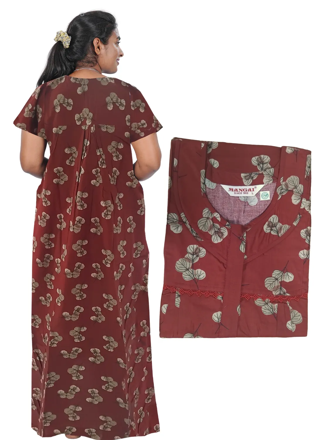 MANGAI New Regular Fit Cotton Printed Pleated Nighties - All Over Printed Stylish Nighties  | Side Cut Pocket | Front Open Zipper Type | Beautiful Nighties for Stylish Women's (PLE)