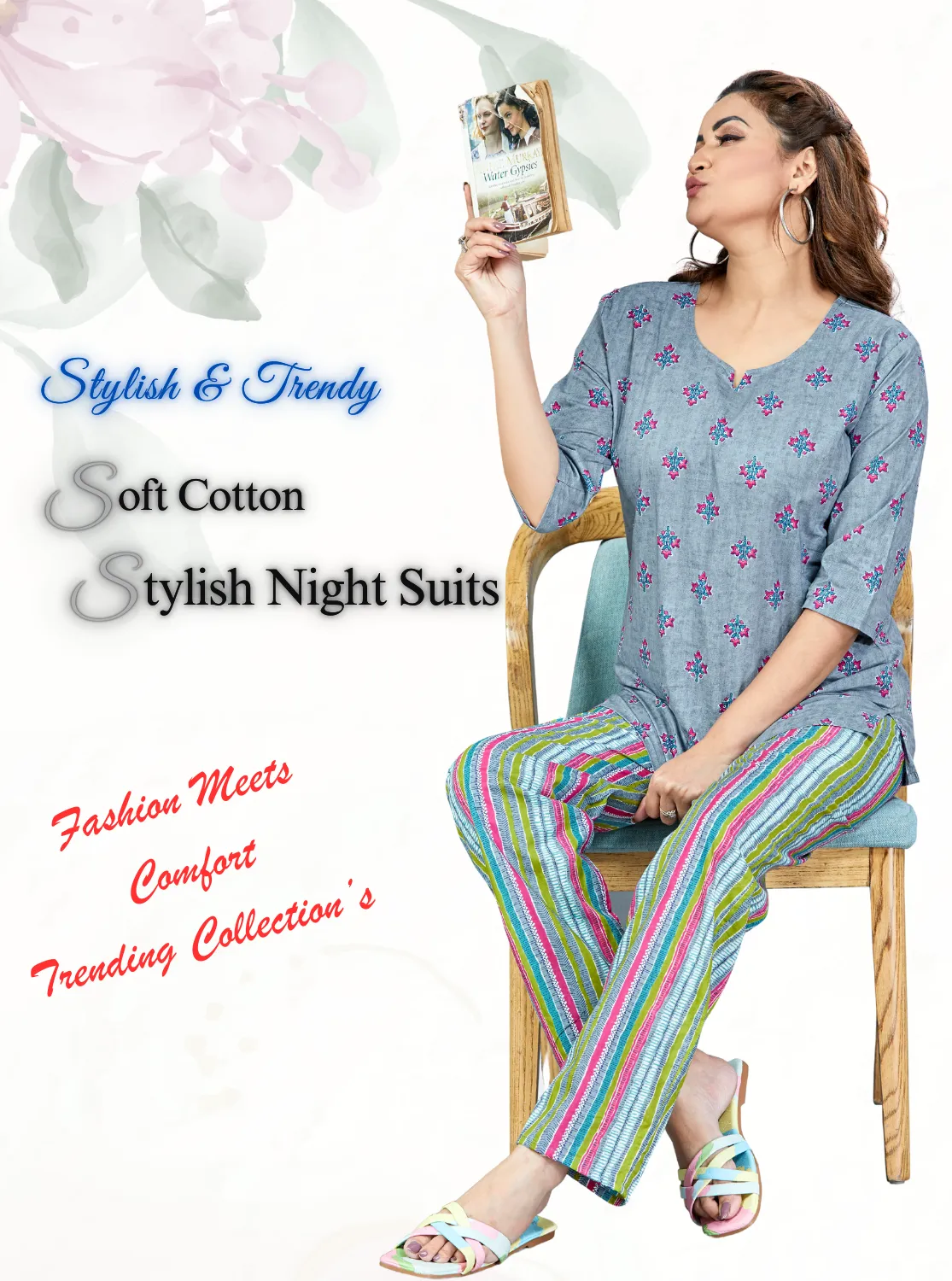 MANGAI Premium Cotton Printed Cambric Night Suits | Stylish Print's All Over | Top & Bottom Set | 3/4 Sleeve | Trendy Night Suits for Stylish Women's (CMNS)