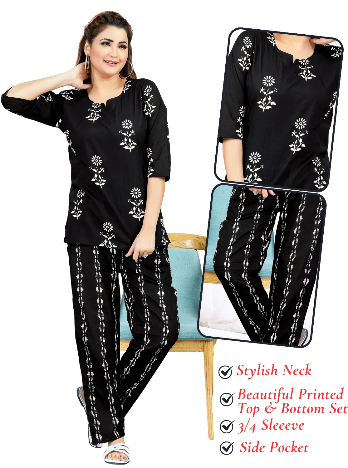 MANGAI Premium Cotton Printed Cambric Night Suits | Stylish Print's All Over | Top & Bottom Set | 3/4 Sleeve | Trendy Night Suits for Stylish Women's (CMNS)