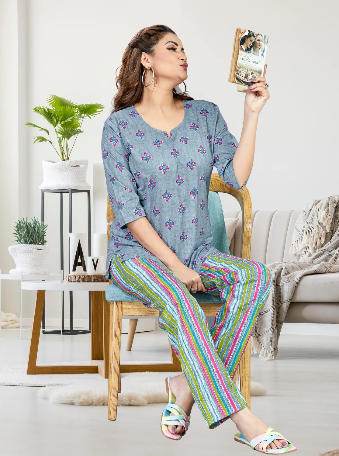 MANGAI Premium Cotton Printed Cambric Night Suits | Stylish Print's All Over | Top & Bottom Set | 3/4 Sleeve | Trendy Night Suits for Stylish Women's (CMNS)