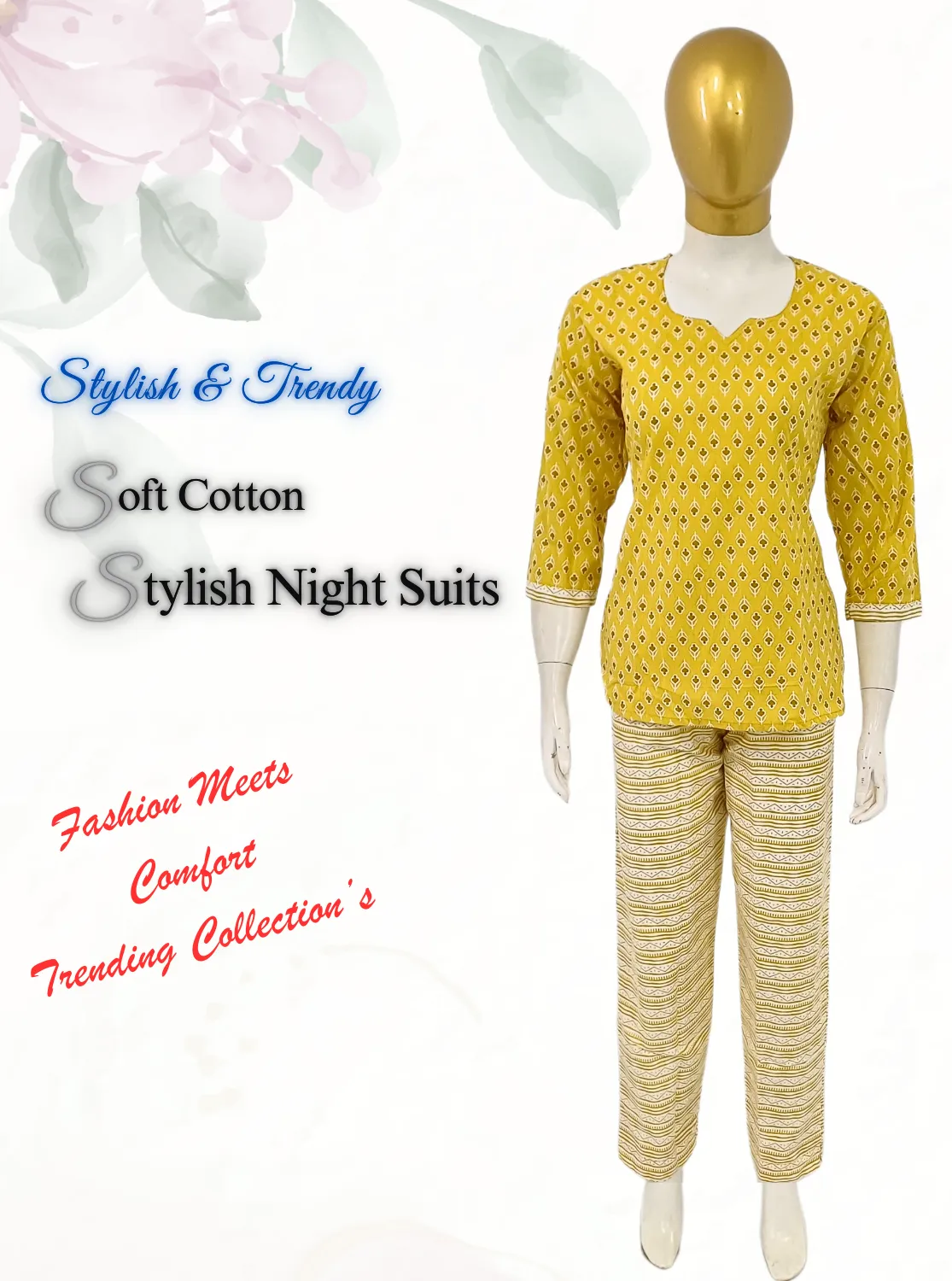 MANGAI Premium Cotton Printed Cambric Night Suits | Stylish Print's All Over | Top & Bottom Set | 3/4 Sleeve | Trendy Night Suits for Stylish Women's (CMNS)