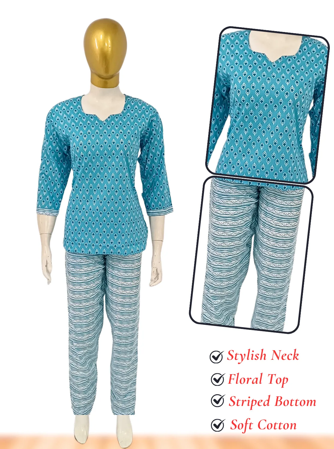 MANGAI Premium Cotton Printed Cambric Night Suits | Stylish Print's All Over | Top & Bottom Set | 3/4 Sleeve | Trendy Night Suits for Stylish Women's (CMNS)