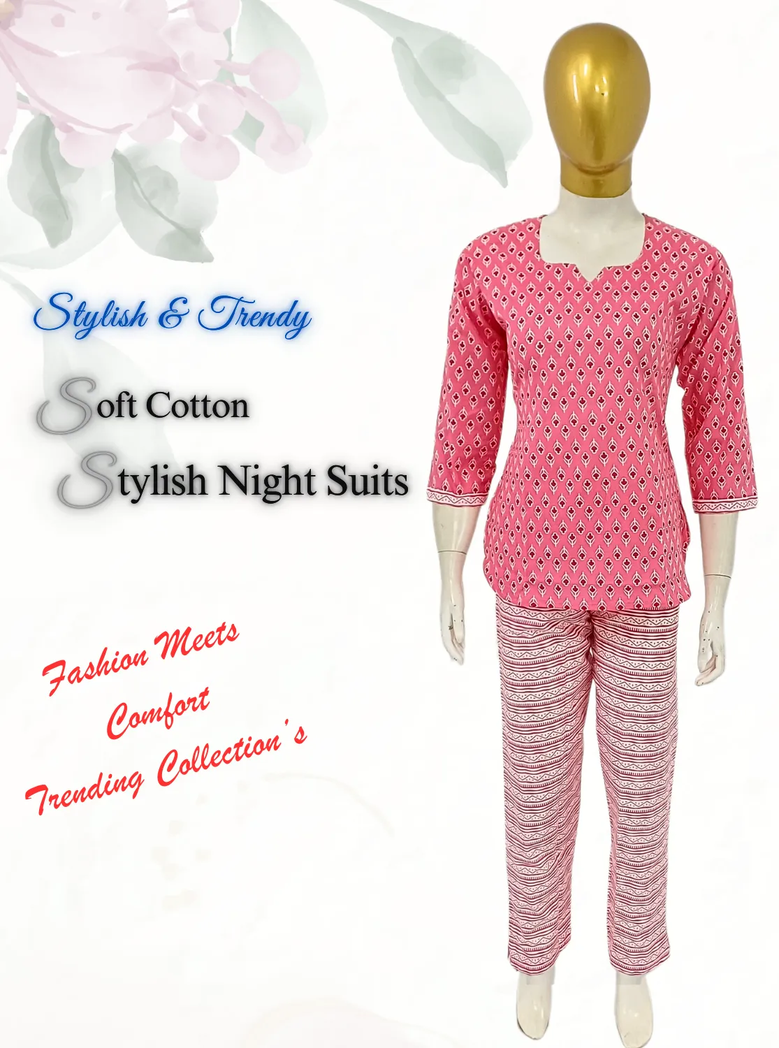 MANGAI Premium Cotton Printed Cambric Night Suits | Stylish Print's All Over | Top & Bottom Set | 3/4 Sleeve | Trendy Night Suits for Stylish Women's (CMNS)