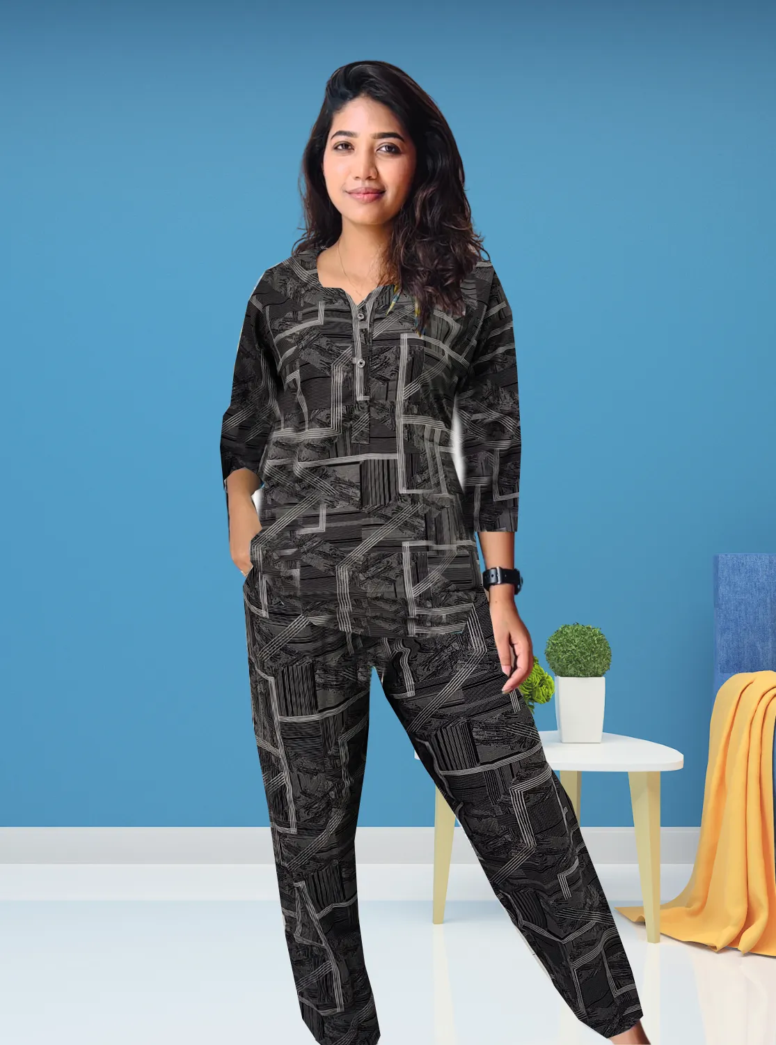 MANGAI Premium RAYON Printed Stylish U-Cut Model Night Suits | Stylish Print's All Over | Top & Bottom Set | 3/4 Sleeve| U-Cut Neck | Trendy Night Suits for Stylish Women's (RUNS-UCUT)