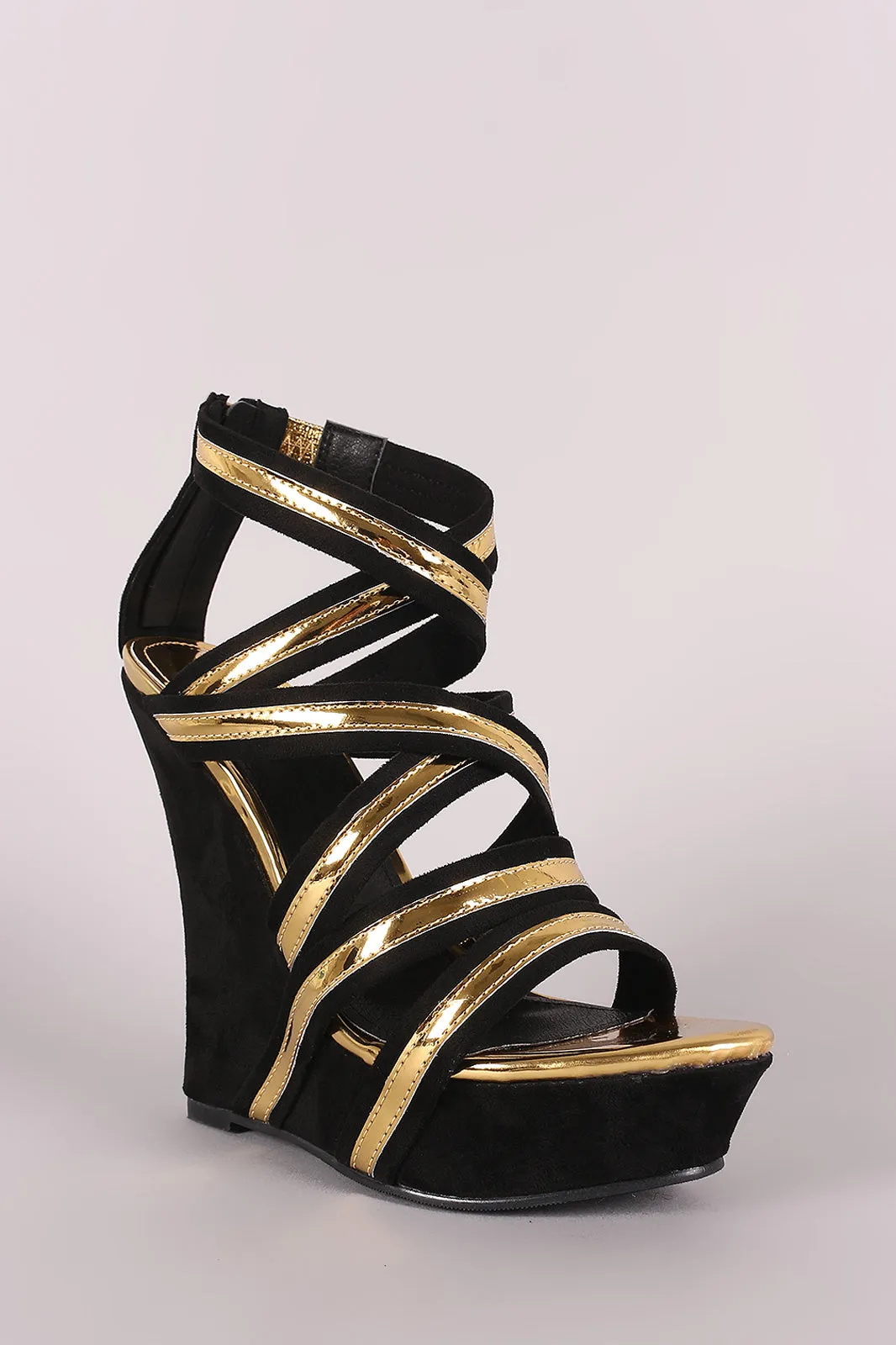 Metallic Two Tone Strappy Suede Platform Wedge