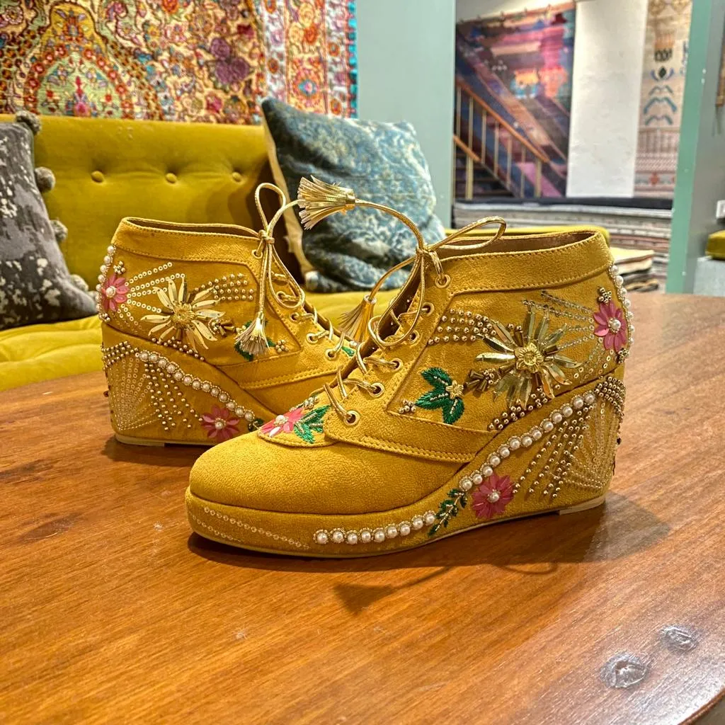 Mustard Bead Embroidery Bridal Sneaker Wedges - Customized Wedding Shoes | Tiesta