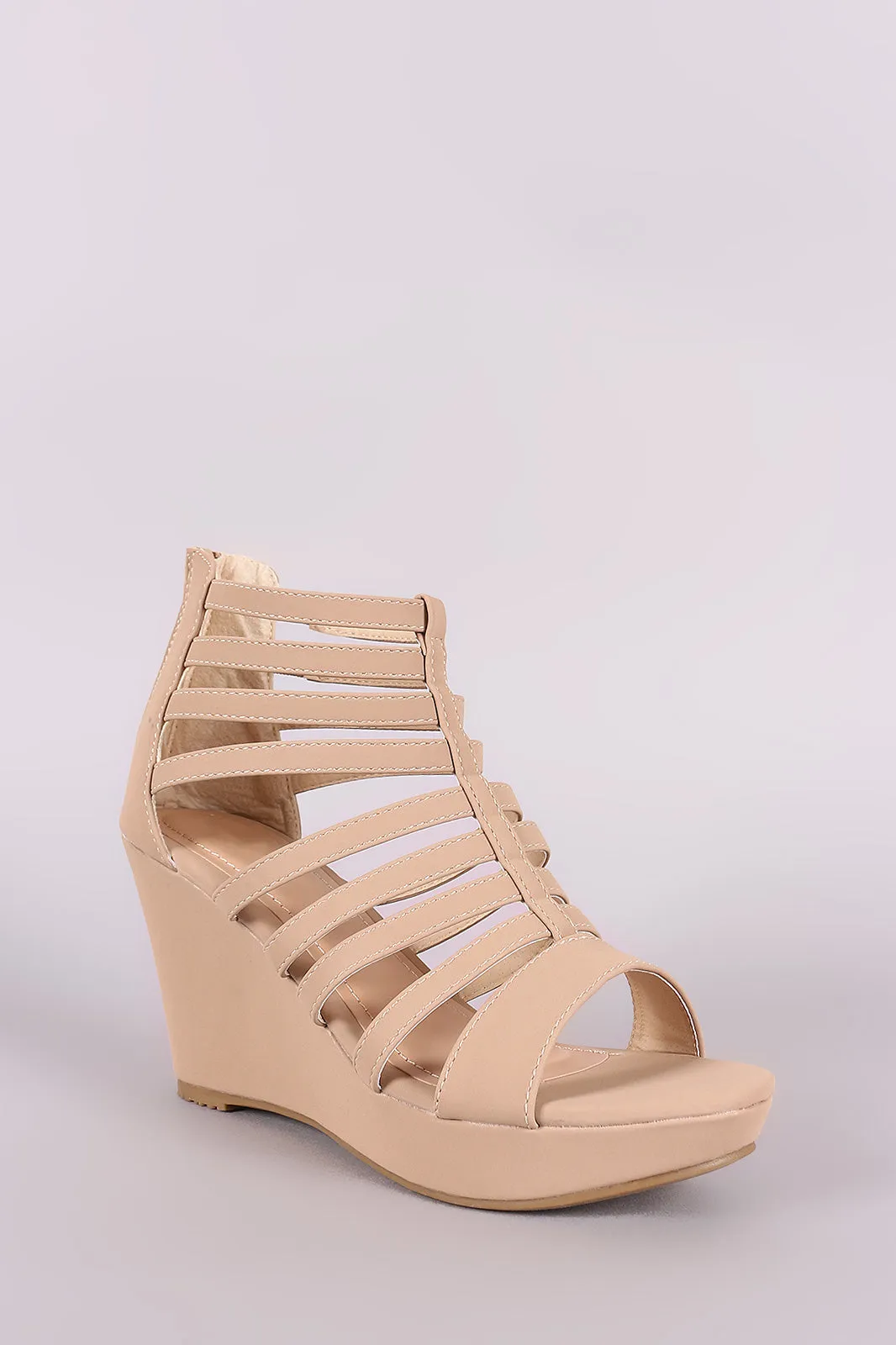 Nubuck Strappy Caged Platform Wedge