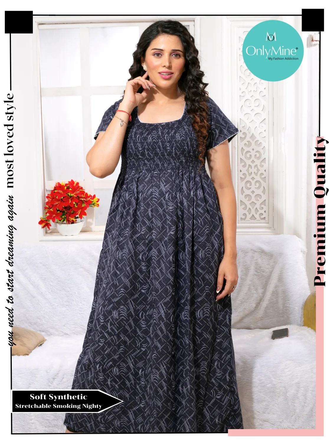 ONLY MINE Premium Smokey Nighty | Stretchable Elastic Type | Beautiful Pleated Model | Side Pocket | Stylish Nighty for Stylish Women's (OM-RAH)