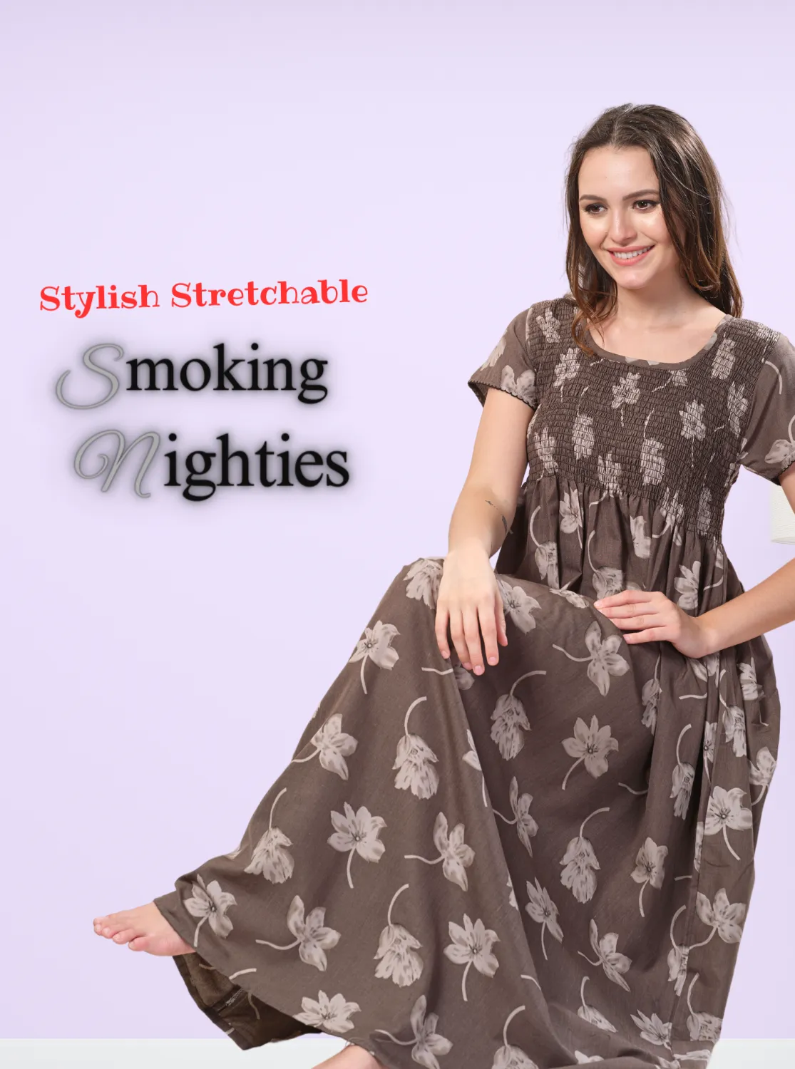 ONLY MINE Premium Smokey Nighty | Stretchable Elastic Type | Beautiful Pleated Model | Side Pocket | Stylish Nighty for Stylish Women's (OM-RAH)