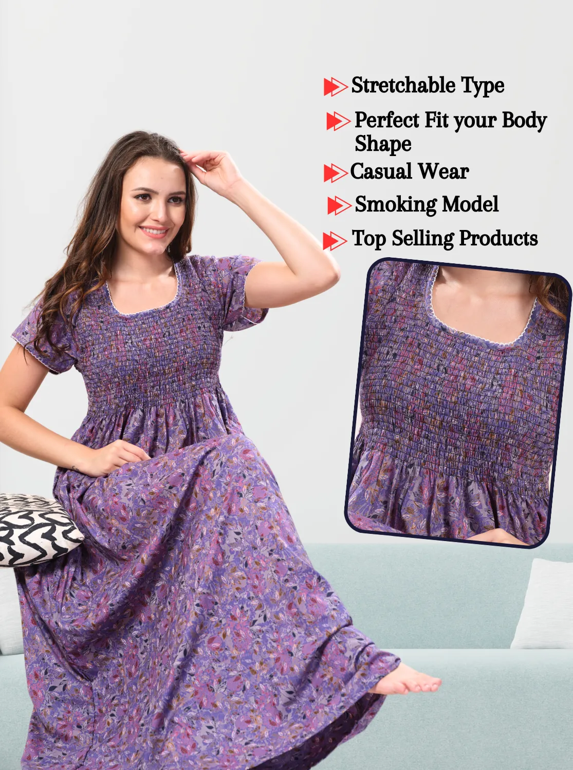 ONLY MINE Premium Smokey Nighty | Stretchable Elastic Type | Beautiful Pleated Model | Side Pocket | Stylish Nighty for Stylish Women's (OM-RAH)