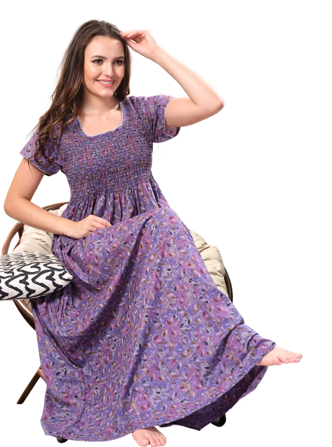 ONLY MINE Premium Smokey Nighty | Stretchable Elastic Type | Beautiful Pleated Model | Side Pocket | Stylish Nighty for Stylish Women's (OM-RAH)