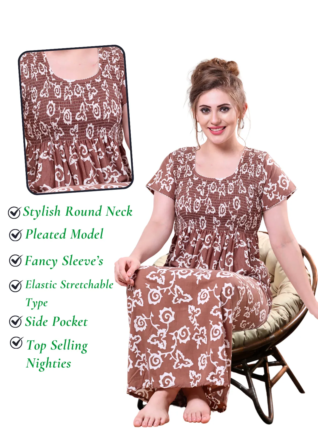 ONLY MINE Premium Smokey Nighty | Stretchable Elastic Type | Beautiful Pleated Model | Side Pocket | Stylish Nighty for Stylish Women's (OM-RAH)