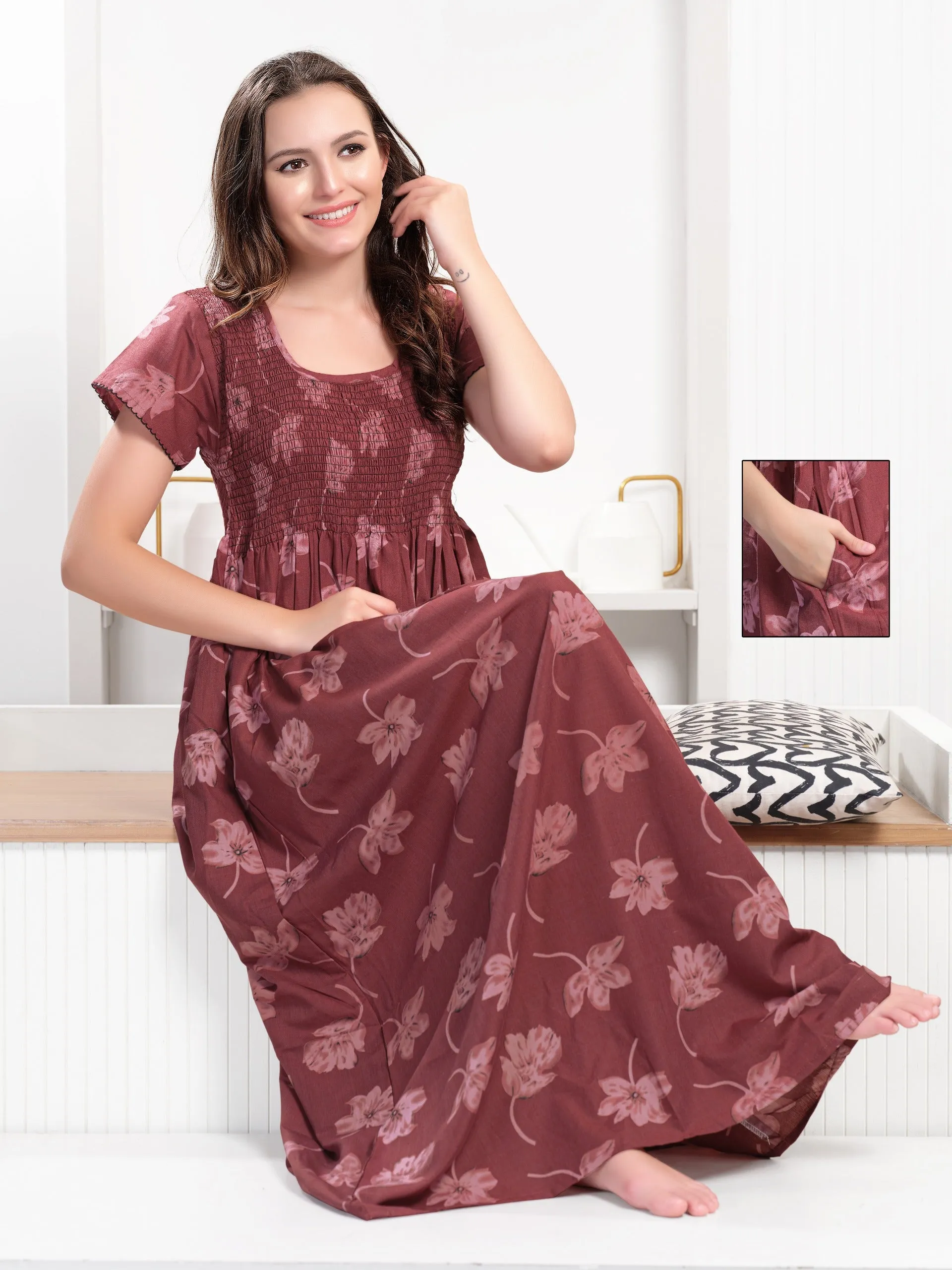 ONLY MINE Premium Smokey Nighty | Stretchable Elastic Type | Beautiful Pleated Model | Side Pocket | Stylish Nighty for Stylish Women's (OM-RAH)