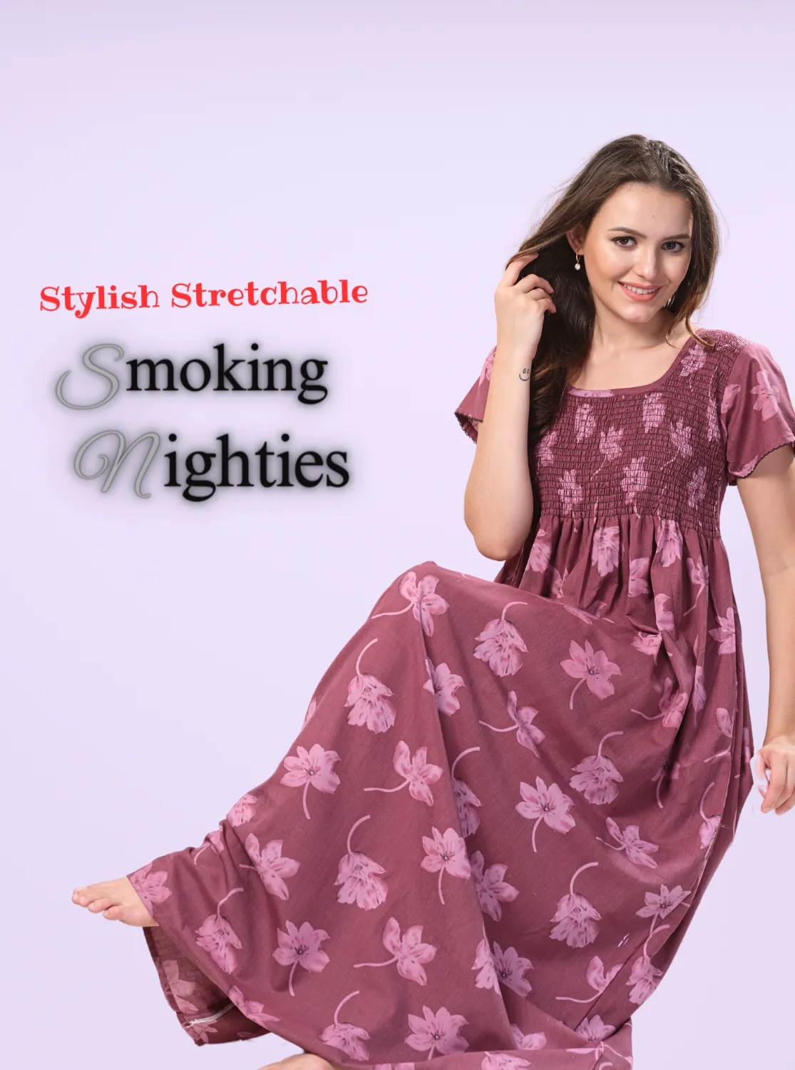 ONLY MINE Premium Smokey Nighty | Stretchable Elastic Type | Beautiful Pleated Model | Side Pocket | Stylish Nighty for Stylish Women's (OM-RAH)