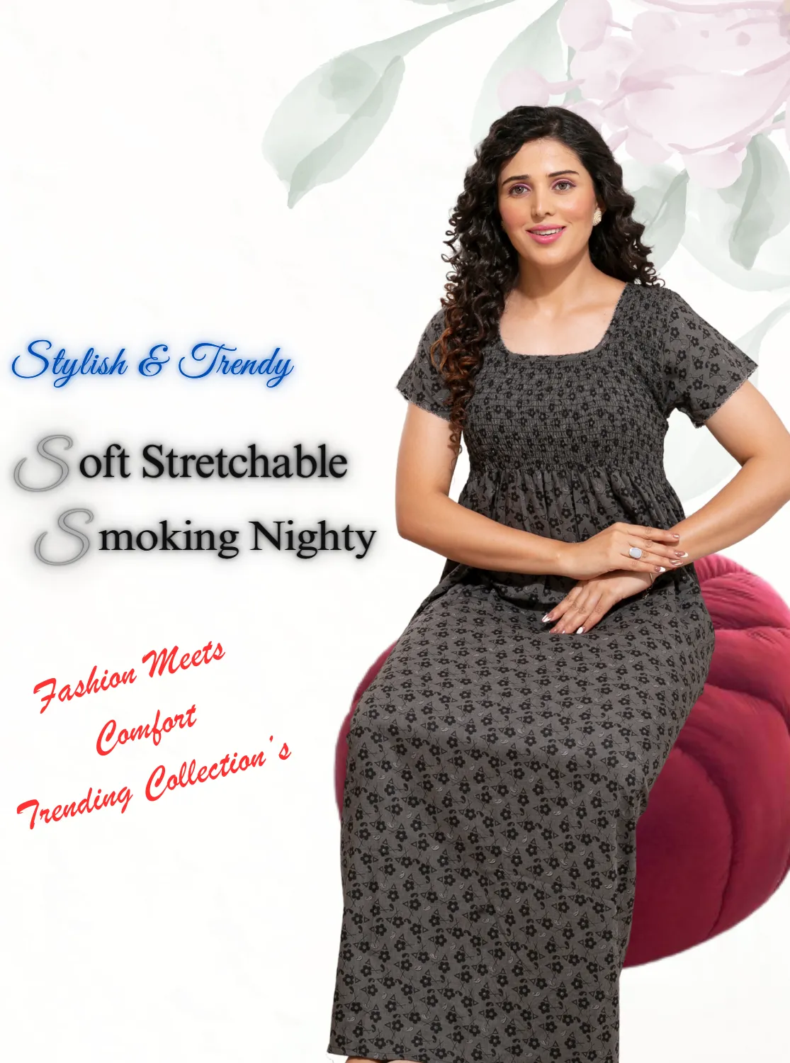 ONLY MINE Premium Smokey Nighty | Stretchable Elastic Type | Beautiful Pleated Model | Side Pocket | Stylish Nighty for Stylish Women's (OM-RAH)