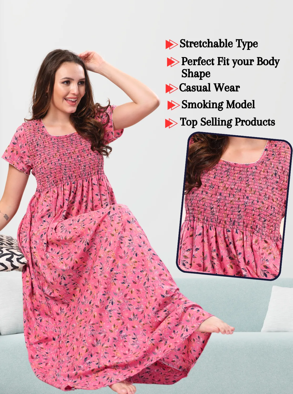 ONLY MINE Premium Smokey Nighty | Stretchable Elastic Type | Beautiful Pleated Model | Side Pocket | Stylish Nighty for Stylish Women's (OM-RAH)