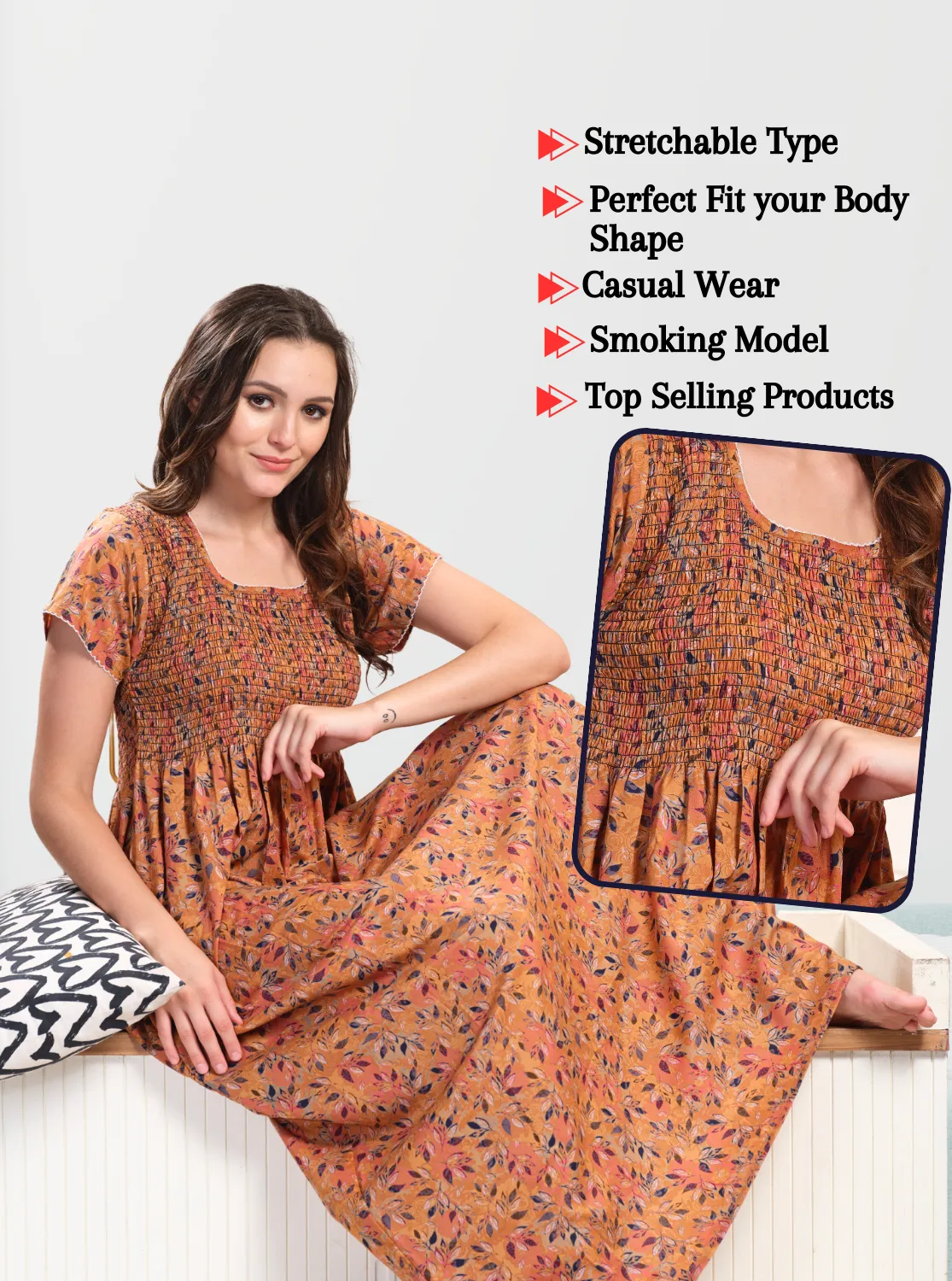 ONLY MINE Premium Smokey Nighty | Stretchable Elastic Type | Beautiful Pleated Model | Side Pocket | Stylish Nighty for Stylish Women's (OM-RAH)