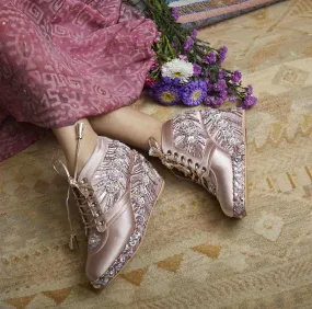 Pink Satin Embroidered Bridal Sneaker Wedges - Customized Wedding Shoes | Tiesta