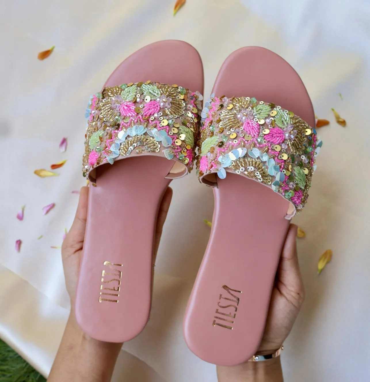 SUGAR- Pink Sequin Embroidered Flats I Comfortable sliders