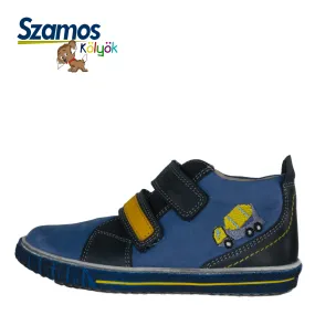 Szamos kid boy sneakers light blue with navy blue velcro straps and mixer car decor little kid/big kid size