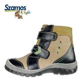 Szamos kid boy winter boots khaki with black velcro straps and khaki detail little kid/big kid size