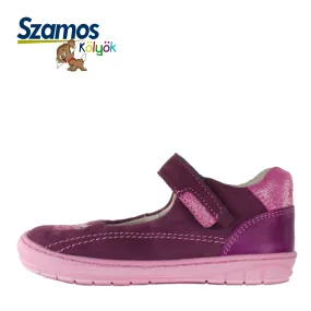 Szamos kid girl dress shoes in burgundy color and pink details with velcro strap little kid size