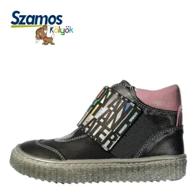 Szamos kid girl high-top shoes black with wide shiny graphic stretchy strap and side zipper little kid/big kid size