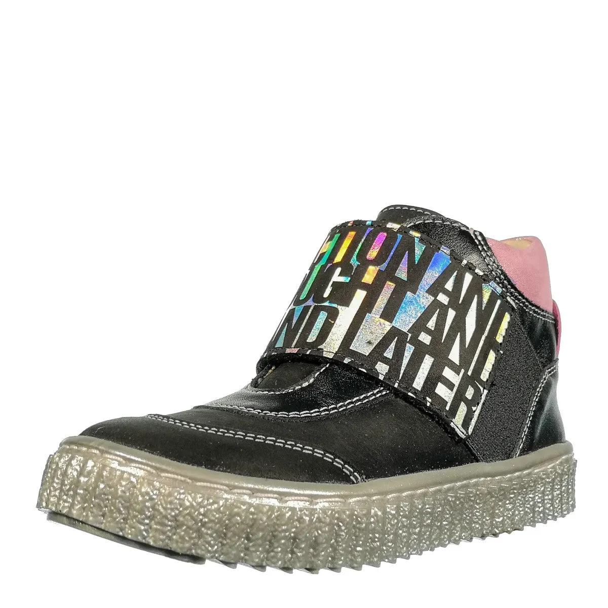 Szamos kid girl high-top shoes black with wide shiny graphic stretchy strap and side zipper little kid/big kid size